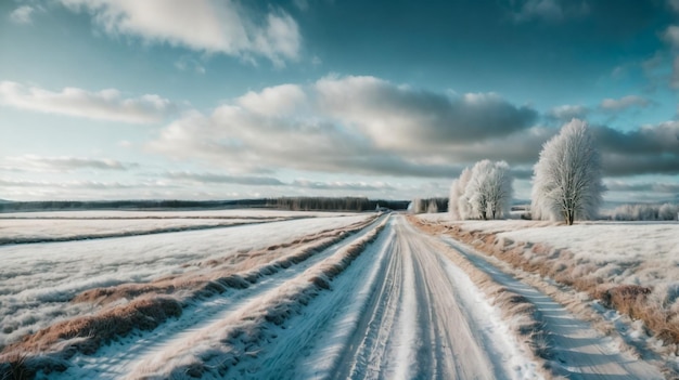 Strada di terra che porta a boschi ghiacciati lungo terreni agricoli innevati sotto un cielo blu con nuvole bianche e soffici
