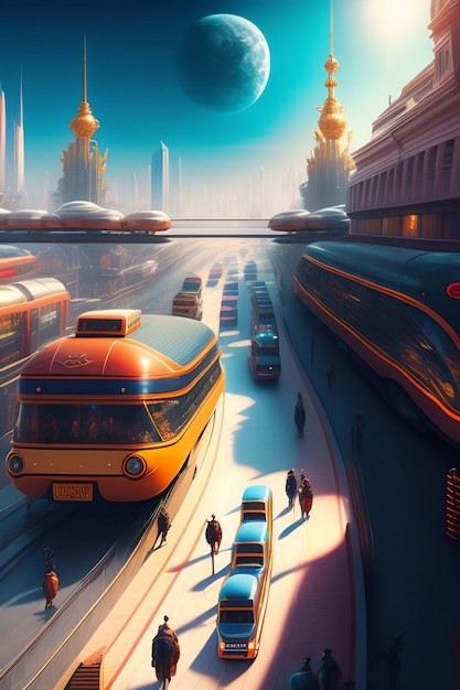 Strada di una città fantastica del futuro con i mezzi di trasporto