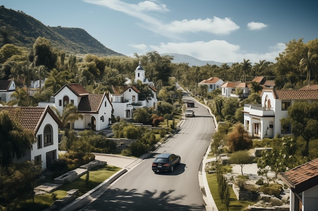 Strada di villaggio di lusso con belle e moderne case sul lato della strada