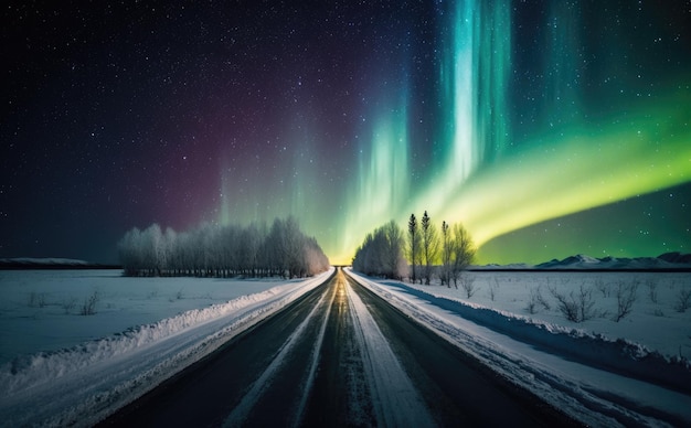 Strada diritta nella neve all'aurora boreale Generative AI