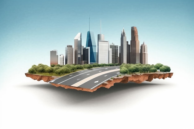 Strada e autostrada con skyline di edifici Progettazione di terreni e città isolati banner trasporto strada o mockup design Genera ai