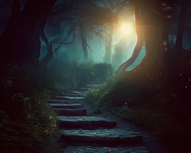 Strada e scale di pietra nella magica e misteriosa foresta buia con mistica luce solare e lucciola