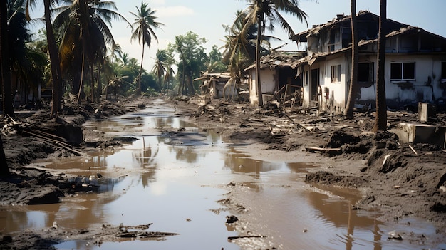 strada fangosa con una pozza d'acqua davanti a una casa AI generativa