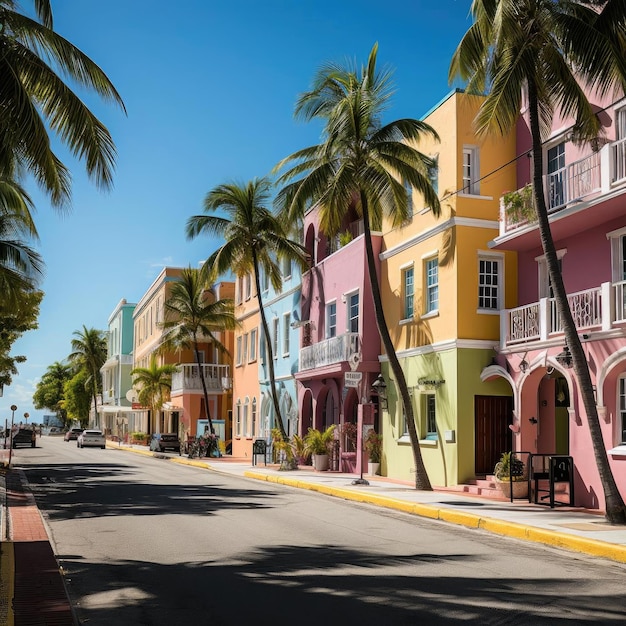 Strada fiancheggiata da palme con edifici di colori vivaci