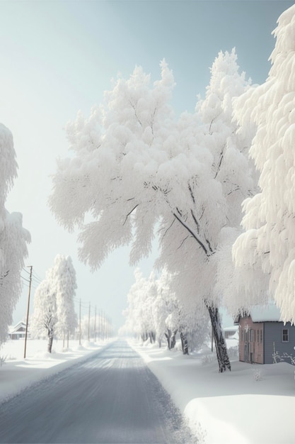 Strada fiancheggiata da un sacco di alberi innevati ai generativa