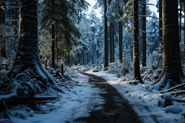 Strada ghiacciata in una foresta invernale innevata neve e ghiaccio in natura bellissimo paesaggio invernale