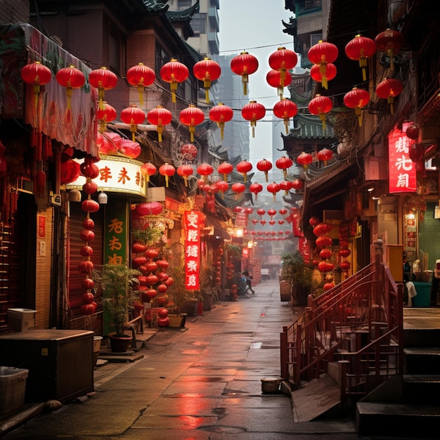 Strada illuminata con lanterne rosse e arancioni appese nello stile delle festività del Capodanno cinese
