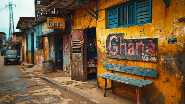 Strada in Ghana Africa Vecchia parete e panchina