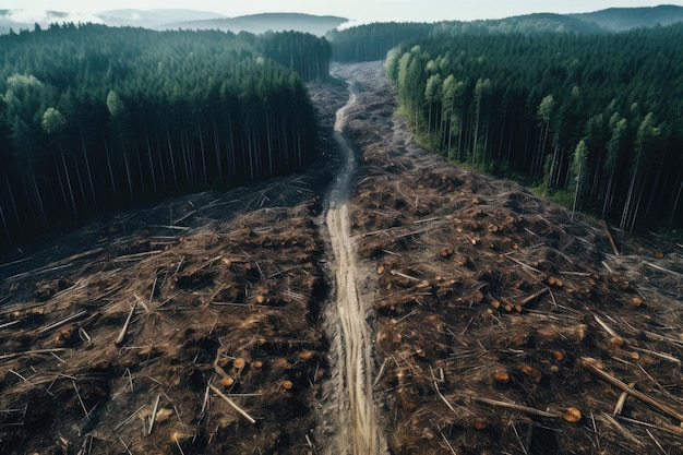 Strada in terreno deforestato vista drone AI generativa