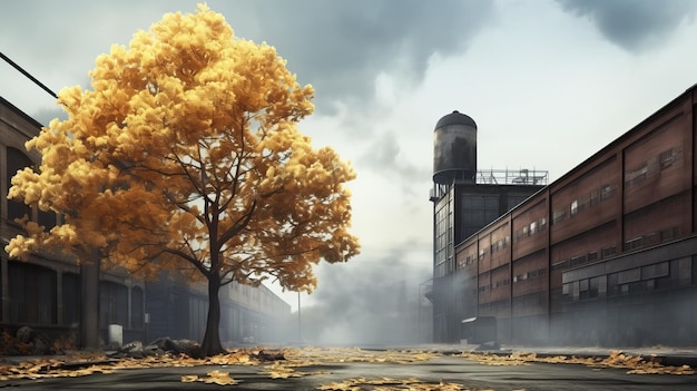 Strada industriale autunnale iperrealista con sfondo fumoso