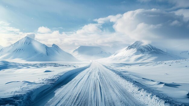 strada innevata con montagne coperte di neve in lontananza generativo ai