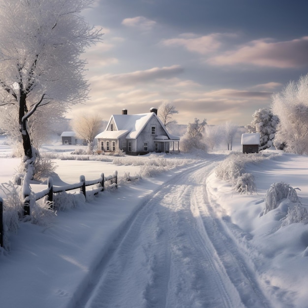 Strada innevata con una casa e alberi sullo sfondo