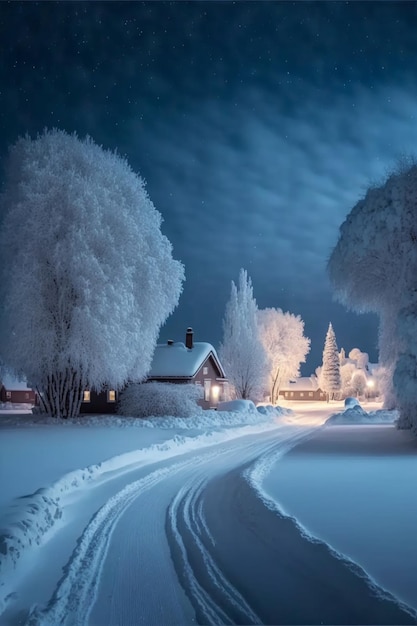 Strada innevata di notte con una casa in lontananza ai generativa