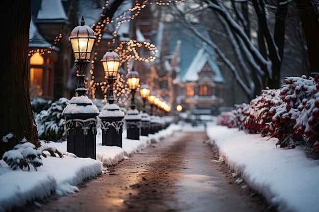 Strada innevata invernale decorata con ghirlande luminose e lanterne per Natale