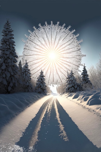 Strada innevata nel mezzo di una foresta ai generativa