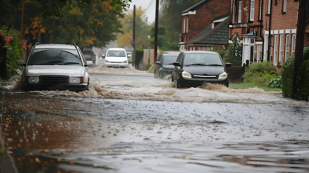 Strada inondata in campagna inglese Auto che viaggiano sull'acqua