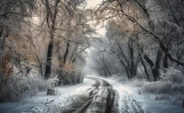 Strada invernale con alberi nella neve pesante