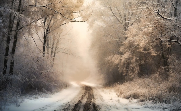 Strada invernale con alberi nella neve pesante