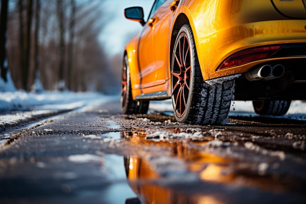 strada invernale con un'auto