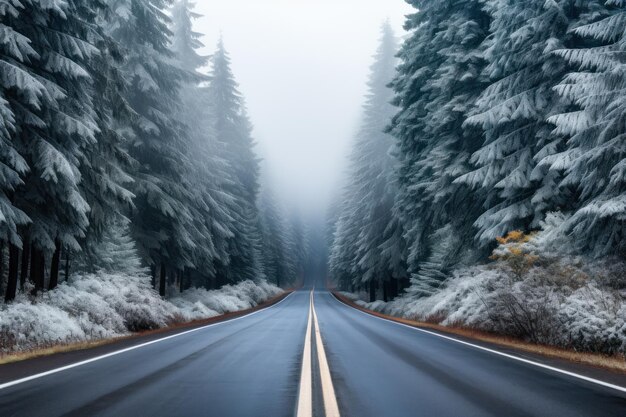 strada lungo una foresta innevata generativa ai