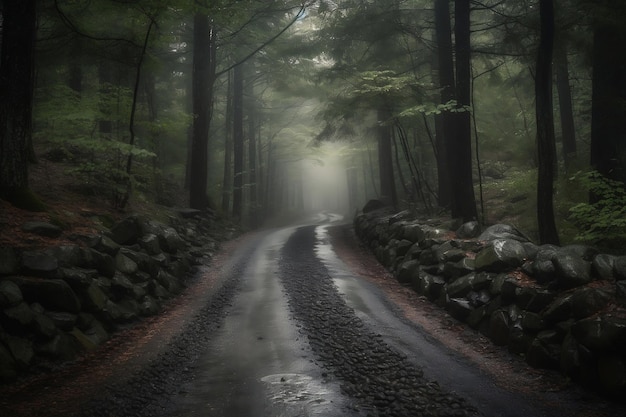 Strada nebbiosa nella foresta AI Generato
