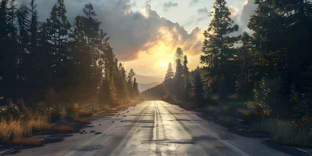 Strada nei tropici con palme e cielo blu sullo sfondo Ai Generato