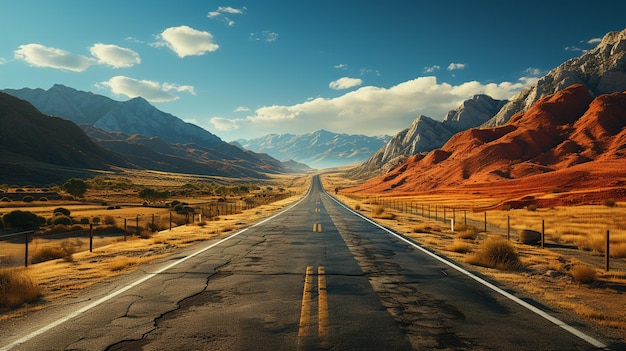 Strada nel deserto con montagne e cielo blu ai generativi