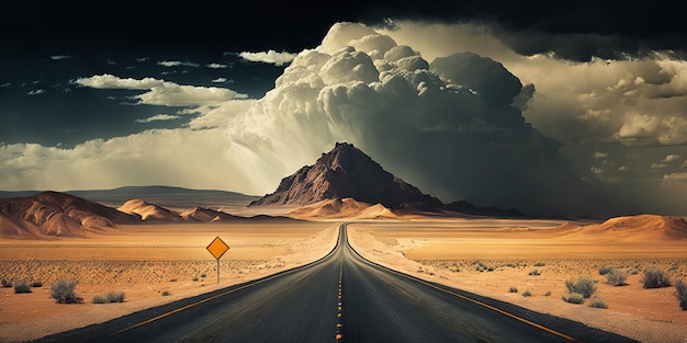 Strada nel deserto con nuvole tempestose IA generativa