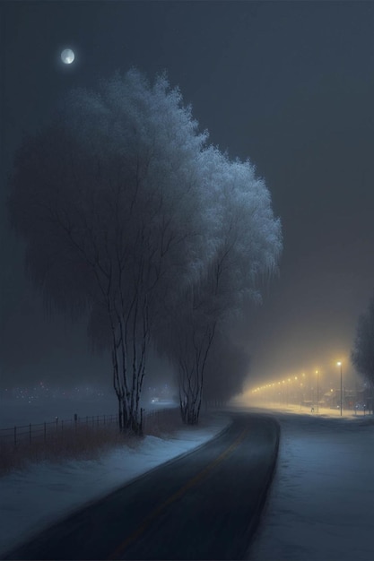 Strada nel mezzo di un campo innevato ai generativo