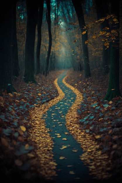 Strada nel mezzo di una foresta con foglie al suolo generative ai