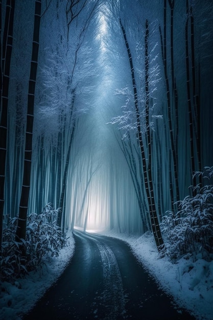 Strada nel mezzo di una foresta innevata ai generativa