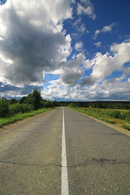 Strada nel paesaggio nuvoloso del campo