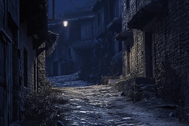 Strada o vicolo di mezzanotte in una città molto vecchia zona vecchia abbandonata della città con edifici in pietra o mattoni senza luci stradali