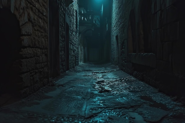 Strada o vicolo di mezzanotte in una città molto vecchia zona vecchia abbandonata della città con edifici in pietra o mattoni senza luci stradali