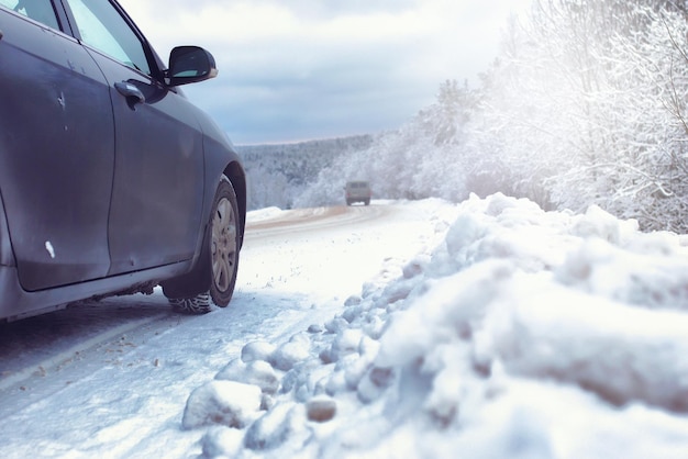 Strada paesaggistica nella foresta invernale con natura selvaggia innevata