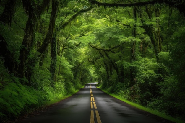 Strada panoramica circondata da una vegetazione lussureggiante e alberi imponenti creati con l'IA generativa