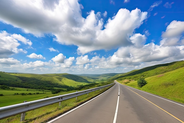 Strada panoramica con dolci colline, nuvole e cielo blu sullo sfondo, creata con l'intelligenza artificiale generativa