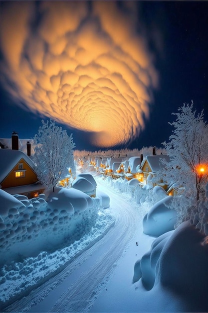 Strada piena di molti alberi innevati ai generativa