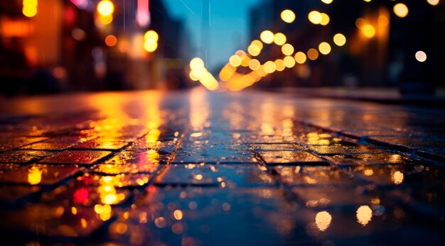 Strada piovosa della città di notte sfondo luminoso bokeh creato dalla tecnologia generativa di AI