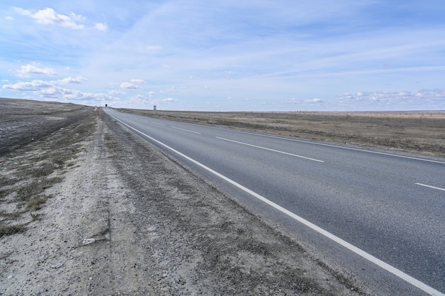 Strada principale nelle steppe, cespugli, erba e cielo nuvoloso. Paesaggio primaverile.