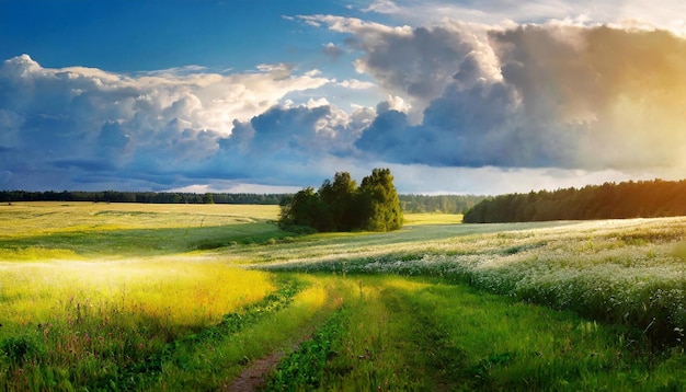 Strada rurale attraverso una foresta con varie erbe Paesaggio naturale primaverile