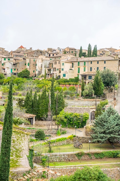 strada rustica e di vasi di fiori nell'isola turistica di Maiorca, città di Valdemosa in Spagna