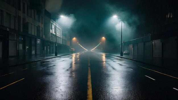 Strada scura asfalto bagnato riflessi di raggi nell'acqua astratto blu scuro fumo smog vuoto scuro s