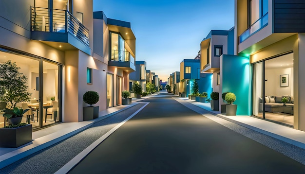 Strada serale con case ad alta tecnologia con piscine e illuminazione panoramica concetto di vita in un