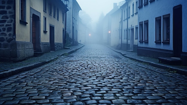 strada silenziosa nella nebbia mattutina con ciottoli