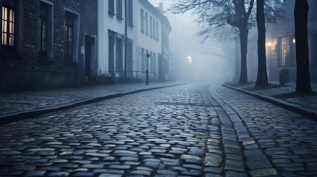 strada silenziosa nella nebbia mattutina con ciottoli