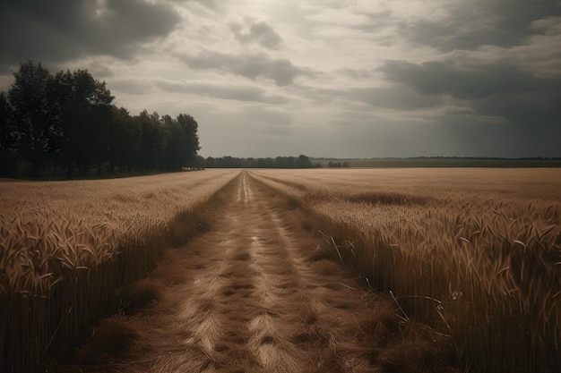 Strada sterrata attraverso il campo di grano e il cielo tempestoso scuro