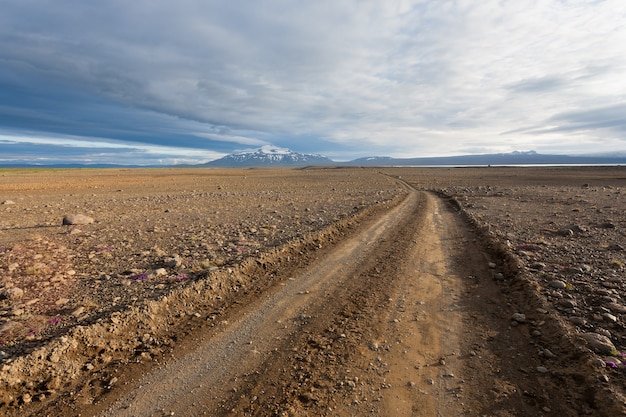 Strada sterrata dall'area di Hvitarvatn, paesaggio islandese. Strada in prospettiva.