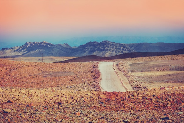 Strada sterrata in una valle nel deserto la sera Makhtesh Ramon Crater nel deserto del Negev Israele