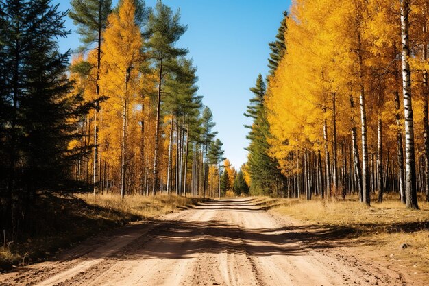 Strada sterrata vuota tra alberi autunnali di fronte al cielo blu